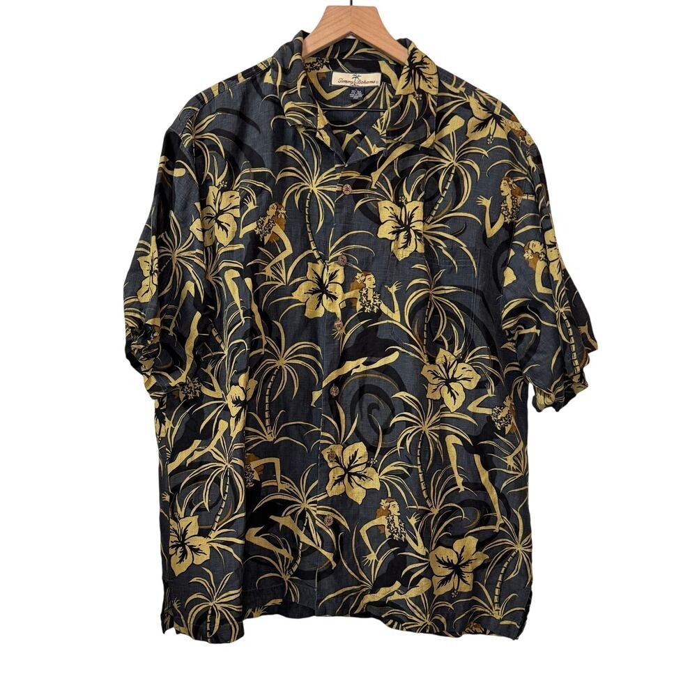 Tommy Bahama Silk Linen Button Up Men L Black Floral Hula Girl Hawaiian Shirt